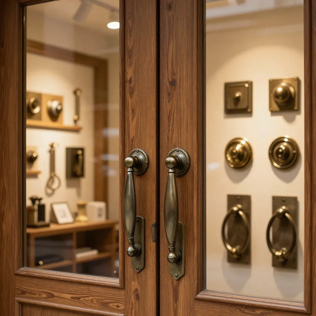 Entry hardware on wooden door