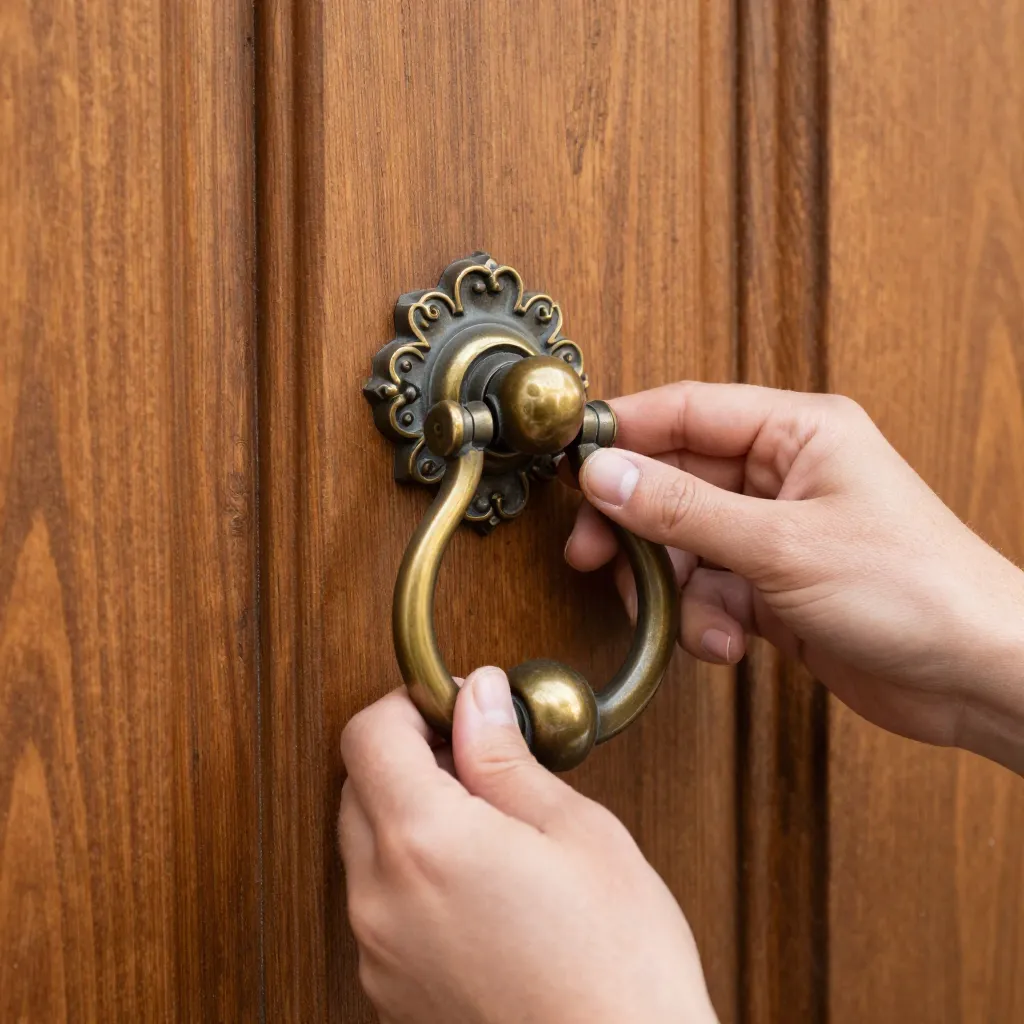 Door after installing a classical brass knocker