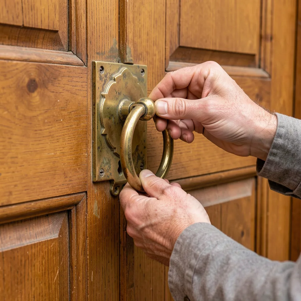 Door knocker on dark wooden door