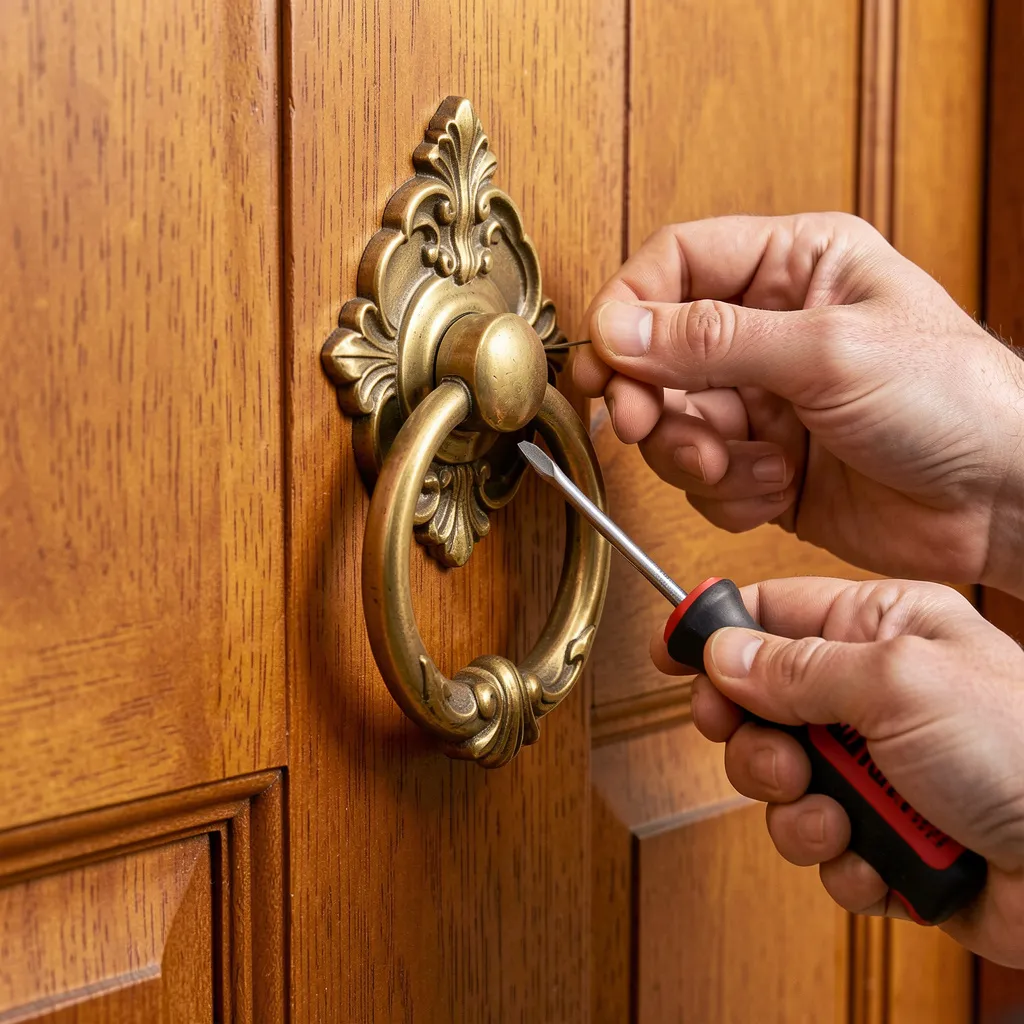 Brass knocker on painted entry door
